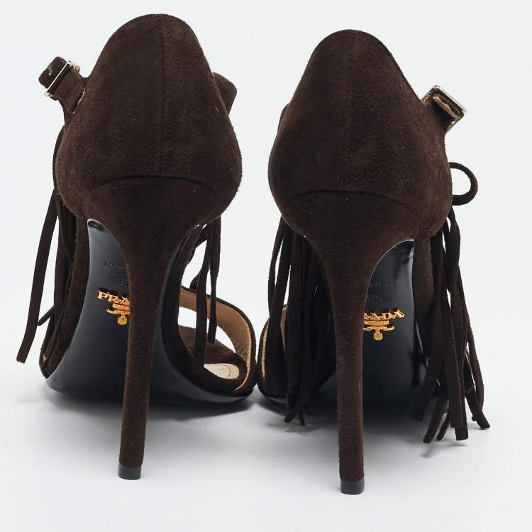 Pre Owned Prada Dark Brown Suede Fringe T-Strap Sandals Size 39.5