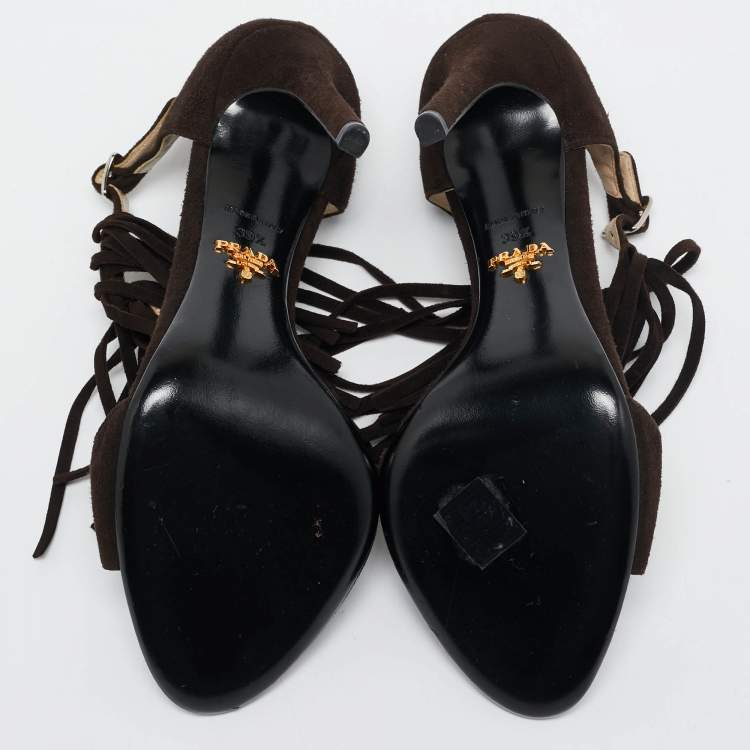 Pre Owned Prada Dark Brown Suede Fringe T-Strap Sandals Size 39.5