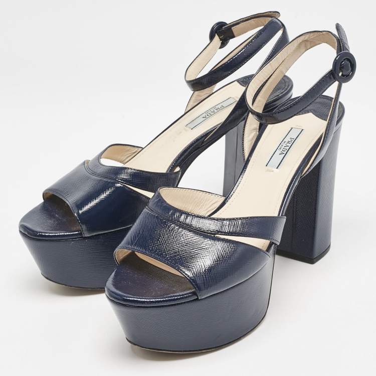 Pre Owned Prada Navy Blue Vernice Saffiano Leather Platform Ankle Strap Sandals Size 39
