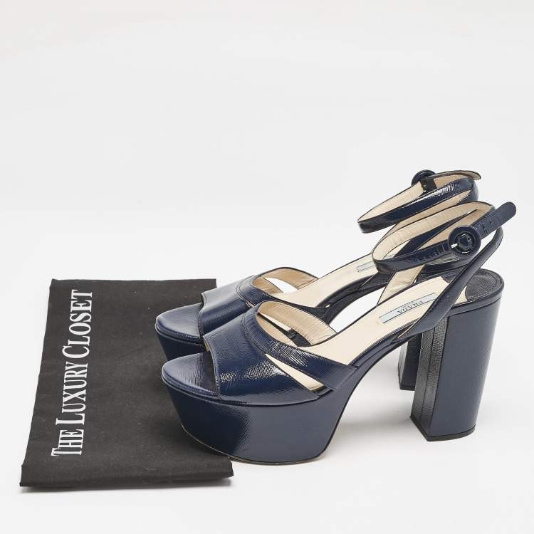 Pre Owned Prada Navy Blue Vernice Saffiano Leather Platform Ankle Strap Sandals Size 39