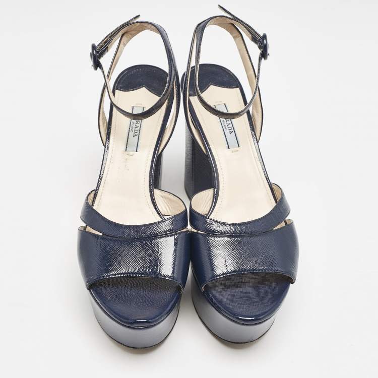 Pre Owned Prada Navy Blue Vernice Saffiano Leather Platform Ankle Strap Sandals Size 39