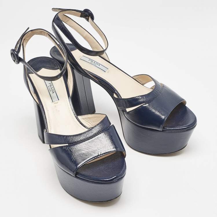Pre Owned Prada Navy Blue Vernice Saffiano Leather Platform Ankle Strap Sandals Size 39