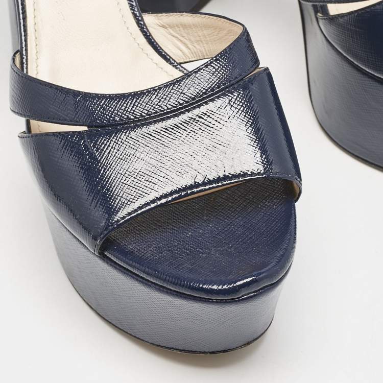 Pre Owned Prada Navy Blue Vernice Saffiano Leather Platform Ankle Strap Sandals Size 39