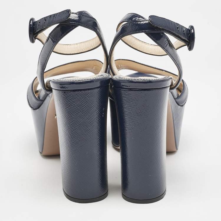 Pre Owned Prada Navy Blue Vernice Saffiano Leather Platform Ankle Strap Sandals Size 39