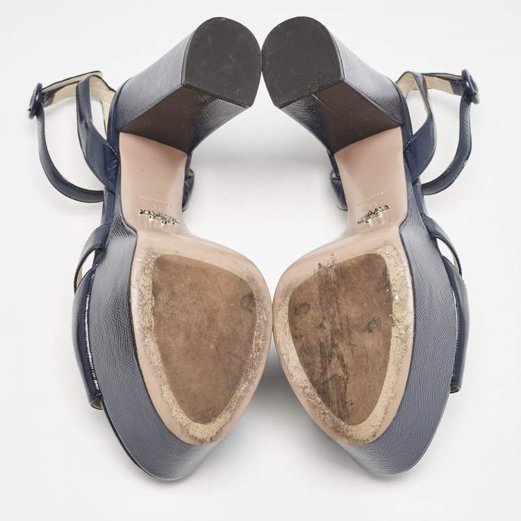 Pre Owned Prada Navy Blue Vernice Saffiano Leather Platform Ankle Strap Sandals Size 39