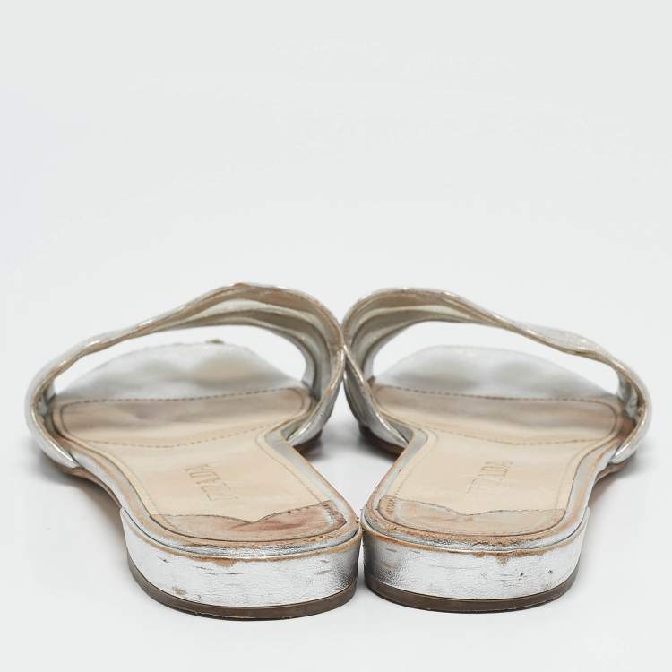 Pre Owned Prada Silver Leather and Mesh Flat Slides Size 40.5