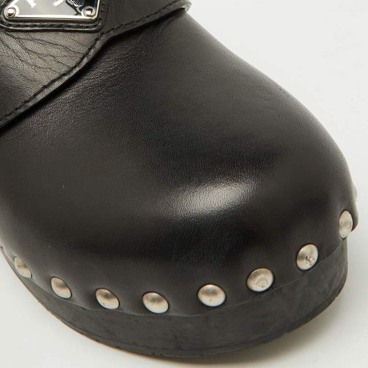 Pre Owned Prada Black Leather Triangle Logo Studded Platform Clogs Size 38