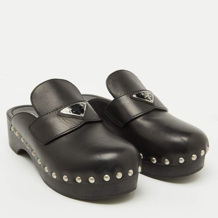 Pre Owned Prada Black Leather Triangle Logo Studded Platform Clogs Size 38