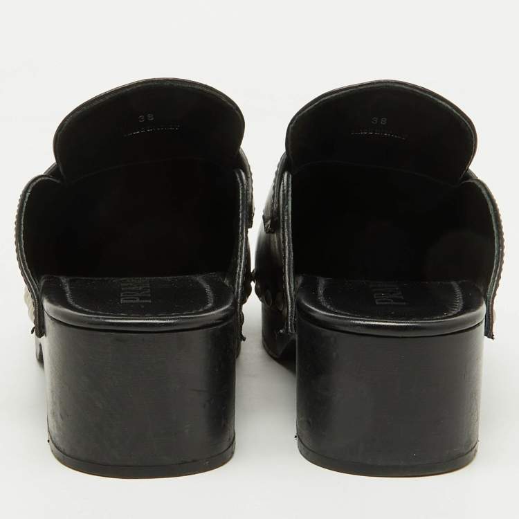 Pre Owned Prada Black Leather Triangle Logo Studded Platform Clogs Size 38