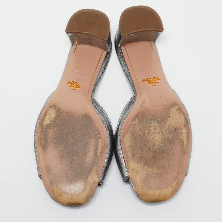 Pre Owned Prada Silver Snakeskin Embossed Leather Slide Sandals Size 39