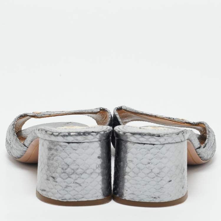 Pre Owned Prada Silver Snakeskin Embossed Leather Slide Sandals Size 39