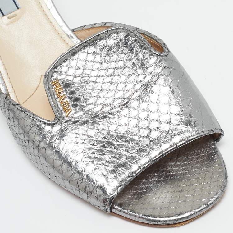 Pre Owned Prada Silver Snakeskin Embossed Leather Slide Sandals Size 39