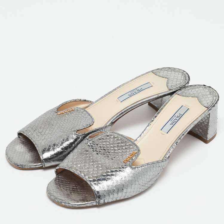 Pre Owned Prada Silver Snakeskin Embossed Leather Slide Sandals Size 39