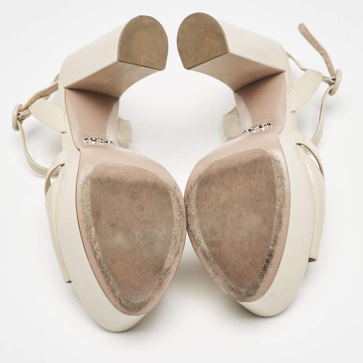 Pre Owned Prada Beige Patent Leather Platform Ankle Strap Sandals Size 39.5