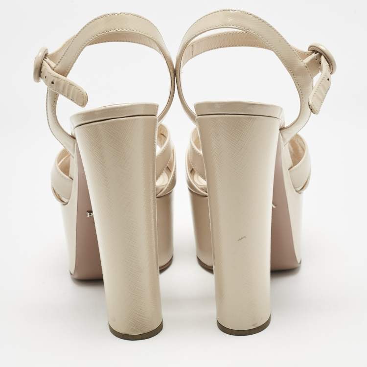 Pre Owned Prada Beige Patent Leather Platform Ankle Strap Sandals Size 39.5