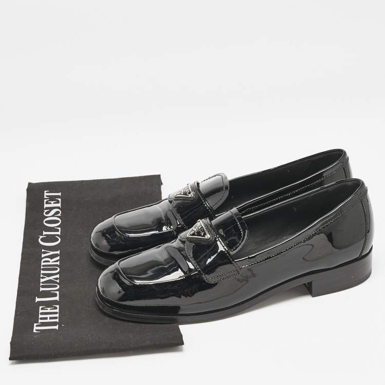 Pre Owned Prada Black Patent Leather Slip On Loafers Size 39