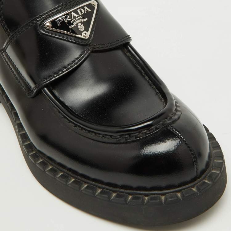Pre Owned Prada Black Leather Triangle Logo Monolith Platform Loafers Size 37