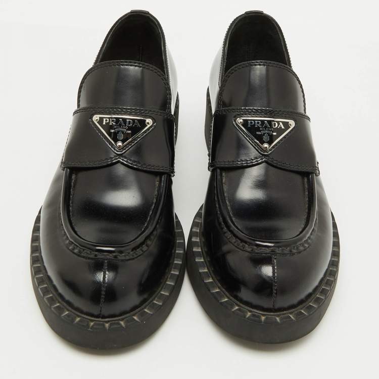 Pre Owned Prada Black Leather Triangle Logo Monolith Platform Loafers Size 37