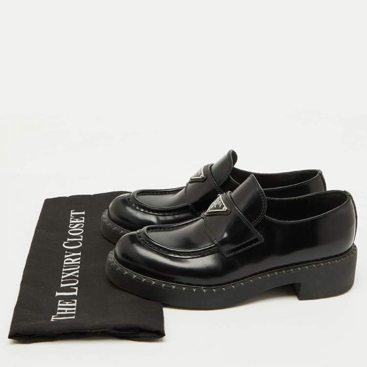 Pre Owned Prada Black Leather Triangle Logo Monolith Platform Loafers Size 37