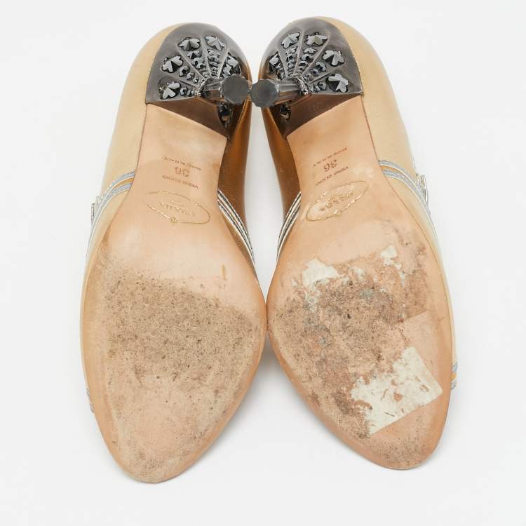 Pre Owned Prada Metallic Gold  Leather Peep Toe Crystal Embellished Heel Pumps Size 36