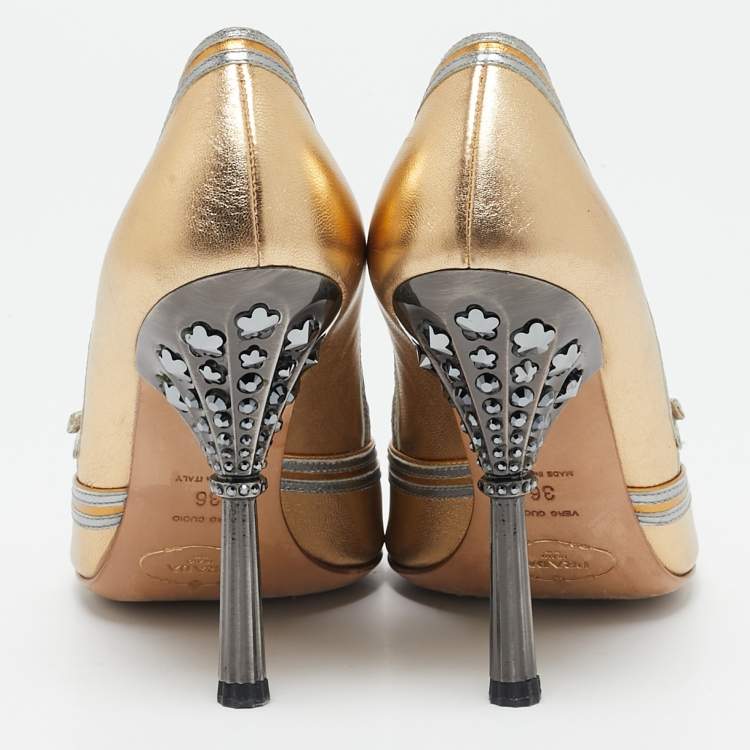 Pre Owned Prada Metallic Gold  Leather Peep Toe Crystal Embellished Heel Pumps Size 36