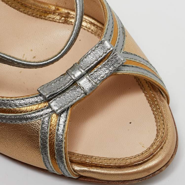 Pre Owned Prada Metallic Gold  Leather Peep Toe Crystal Embellished Heel Pumps Size 36