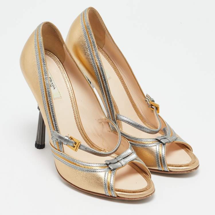 Pre Owned Prada Metallic Gold  Leather Peep Toe Crystal Embellished Heel Pumps Size 36