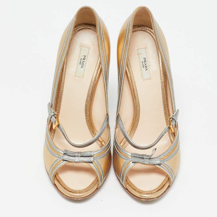 Pre Owned Prada Metallic Gold  Leather Peep Toe Crystal Embellished Heel Pumps Size 36