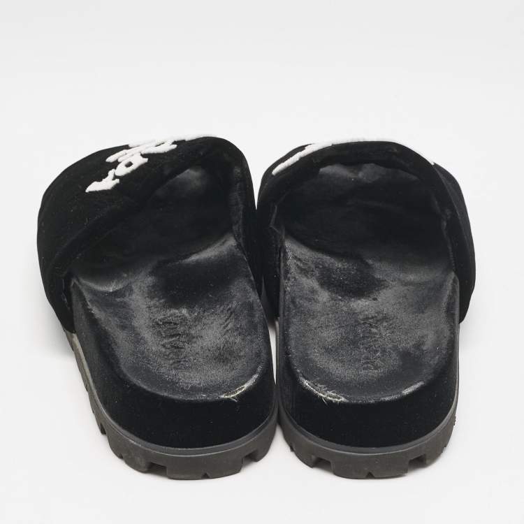 Pre Owned Prada Black/White Velvet Logo Slide Flats Size 38