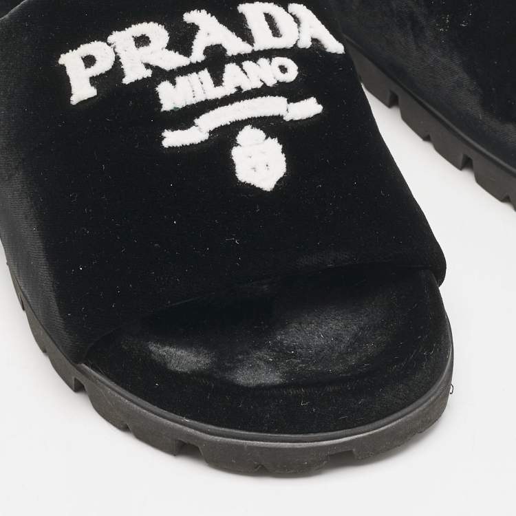 Pre Owned Prada Black/White Velvet Logo Slide Flats Size 38