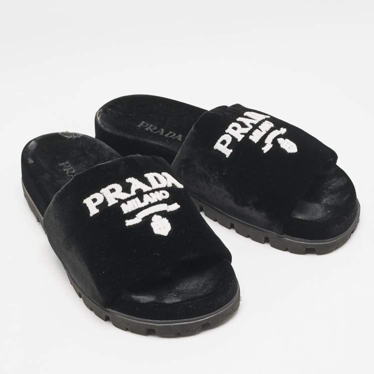 Pre Owned Prada Black/White Velvet Logo Slide Flats Size 38