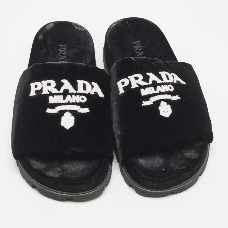 Pre Owned Prada Black/White Velvet Logo Slide Flats Size 38