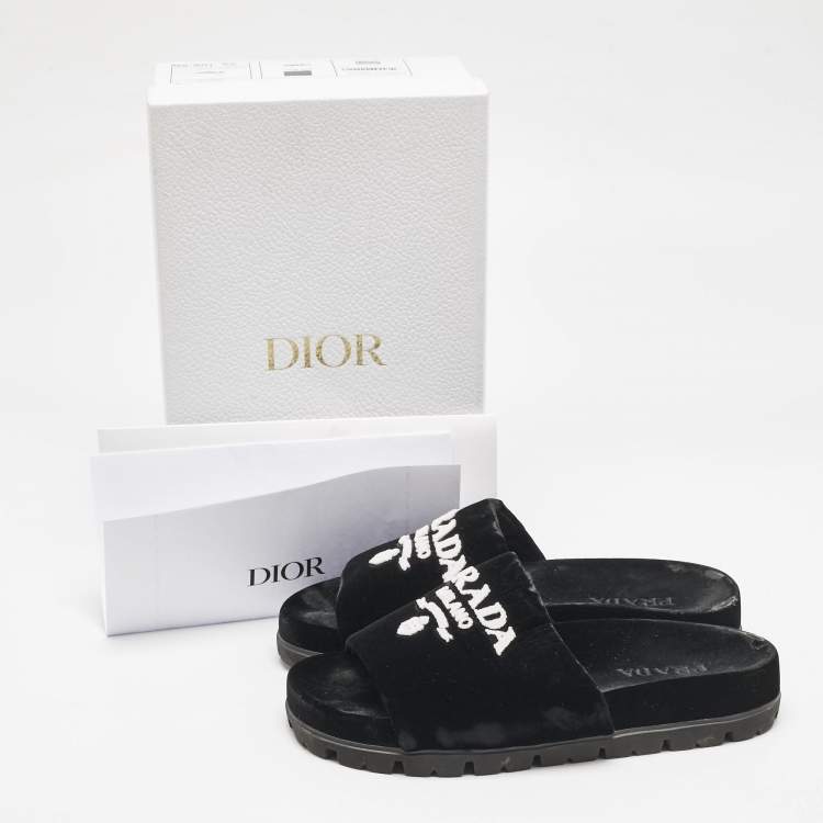 Pre Owned Prada Black/White Velvet Logo Slide Flats Size 38