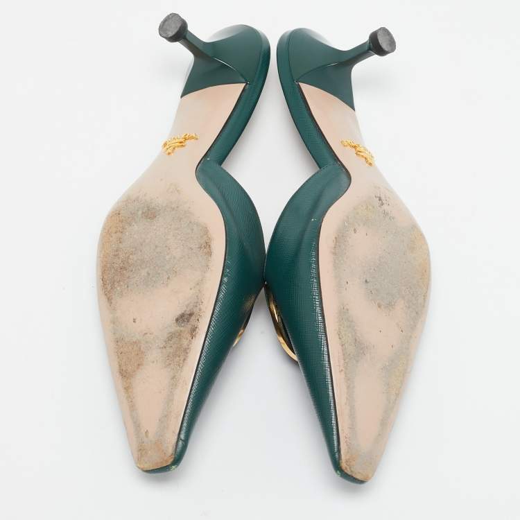 Pre Owned Prada Dark Green Saffiano Leather Logo Mules Size 38.5