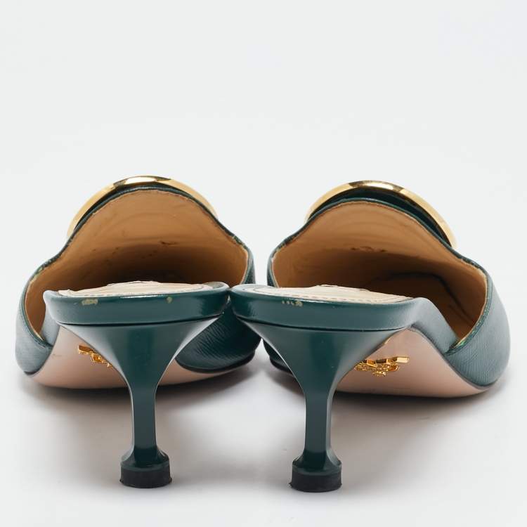 Pre Owned Prada Dark Green Saffiano Leather Logo Mules Size 38.5