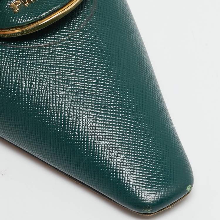 Pre Owned Prada Dark Green Saffiano Leather Logo Mules Size 38.5