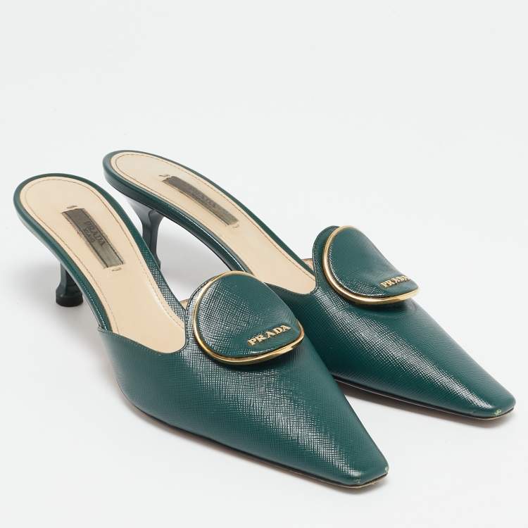 Pre Owned Prada Dark Green Saffiano Leather Logo Mules Size 38.5