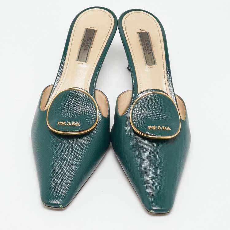 Pre Owned Prada Dark Green Saffiano Leather Logo Mules Size 38.5
