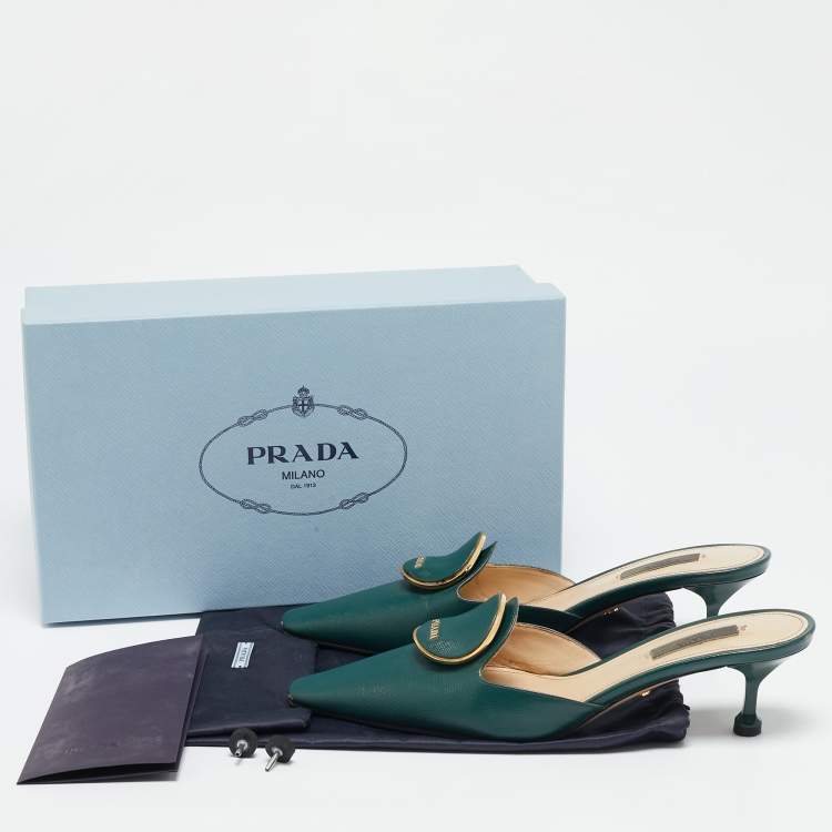 Pre Owned Prada Dark Green Saffiano Leather Logo Mules Size 38.5