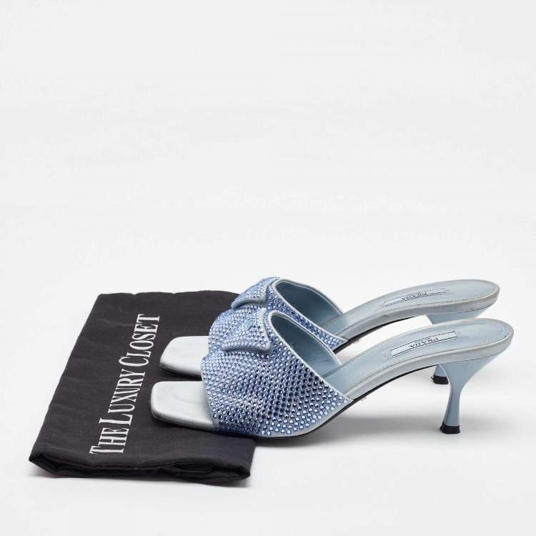 Pre Owned Prada Light Blue Satin Crystal Embellished Slide Sandals Size 39