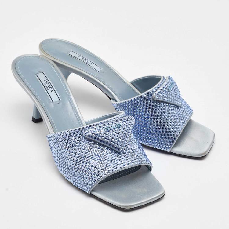 Pre Owned Prada Light Blue Satin Crystal Embellished Slide Sandals Size 39