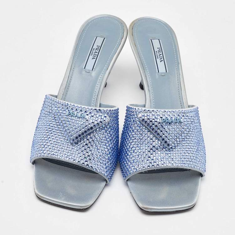 Pre Owned Prada Light Blue Satin Crystal Embellished Slide Sandals Size 39