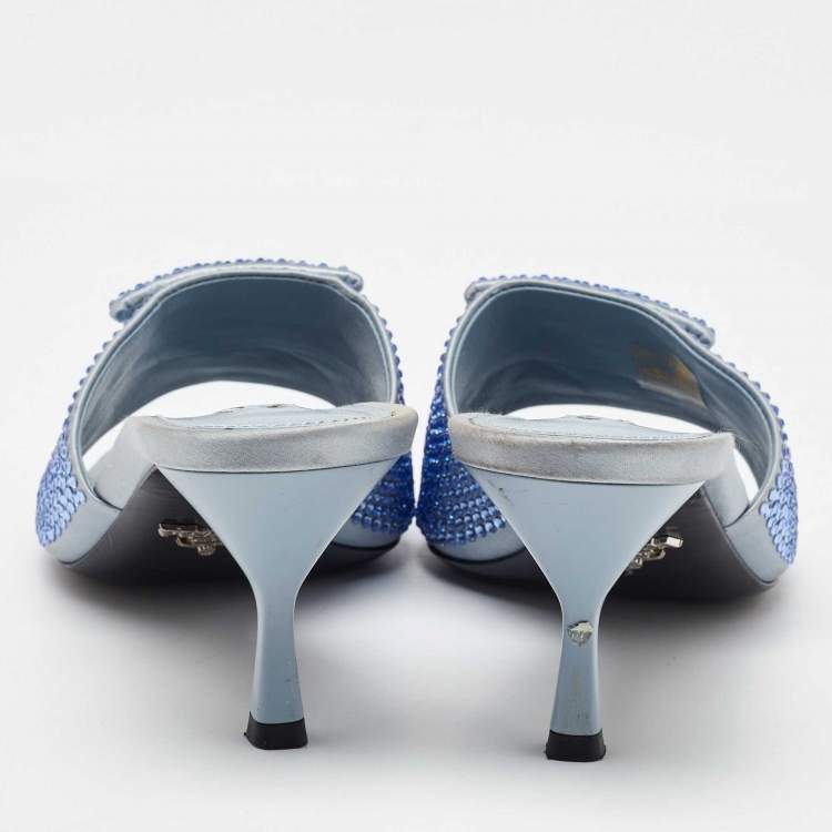 Pre Owned Prada Light Blue Satin Crystal Embellished Slide Sandals Size 39