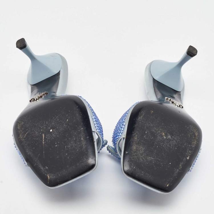 Pre Owned Prada Light Blue Satin Crystal Embellished Slide Sandals Size 39