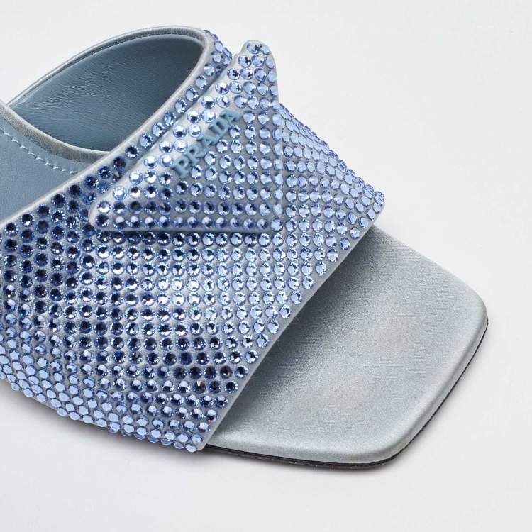 Pre Owned Prada Light Blue Satin Crystal Embellished Slide Sandals Size 39