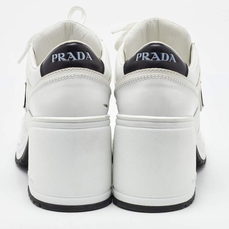 Pre Owned Prada White Leather Downtown High Heel Lace Up Pump Sneakers Size 39