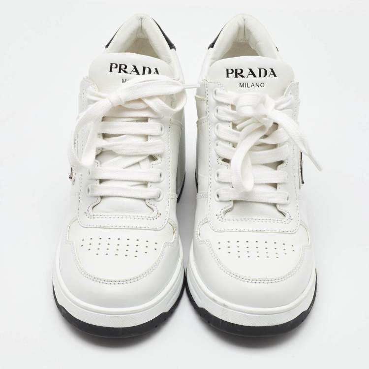 Pre Owned Prada White Leather Downtown High Heel Lace Up Pump Sneakers Size 39