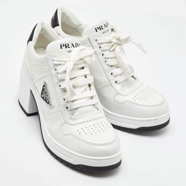 Pre Owned Prada White Leather Downtown High Heel Lace Up Pump Sneakers Size 39