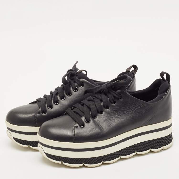 Pre Owned Prada Black Leather Platform Lace Up Sneakers Size 38