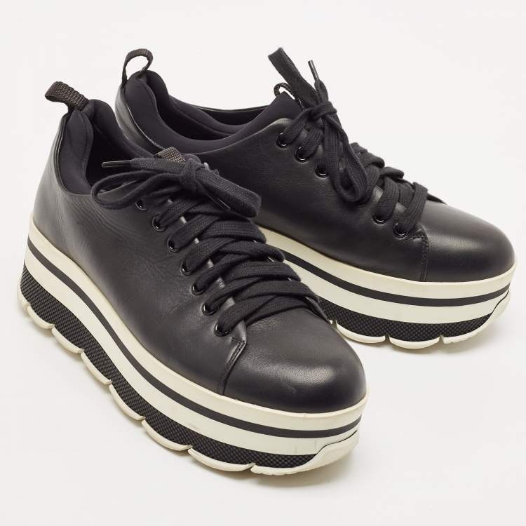 Pre Owned Prada Black Leather Platform Lace Up Sneakers Size 38